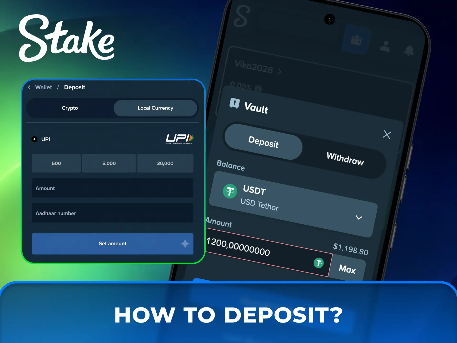 Deposit funds securely using mobile wallets within the Stake Casino app.