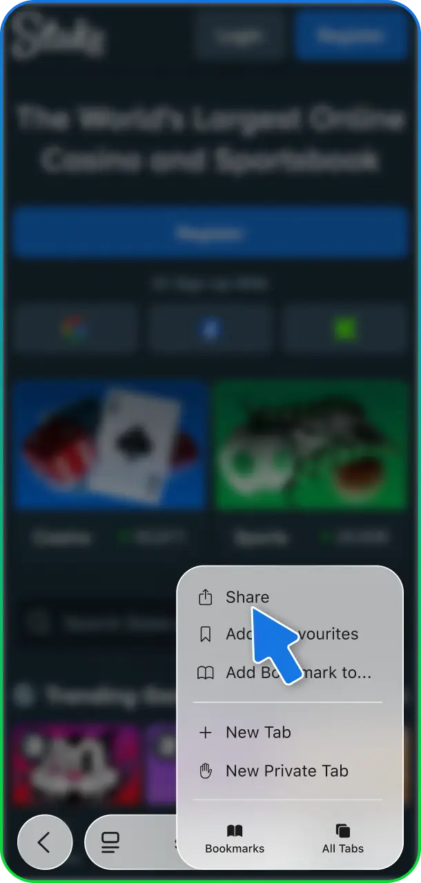 Tap the share icon in Safari to install Stake Casino app as a PWA.