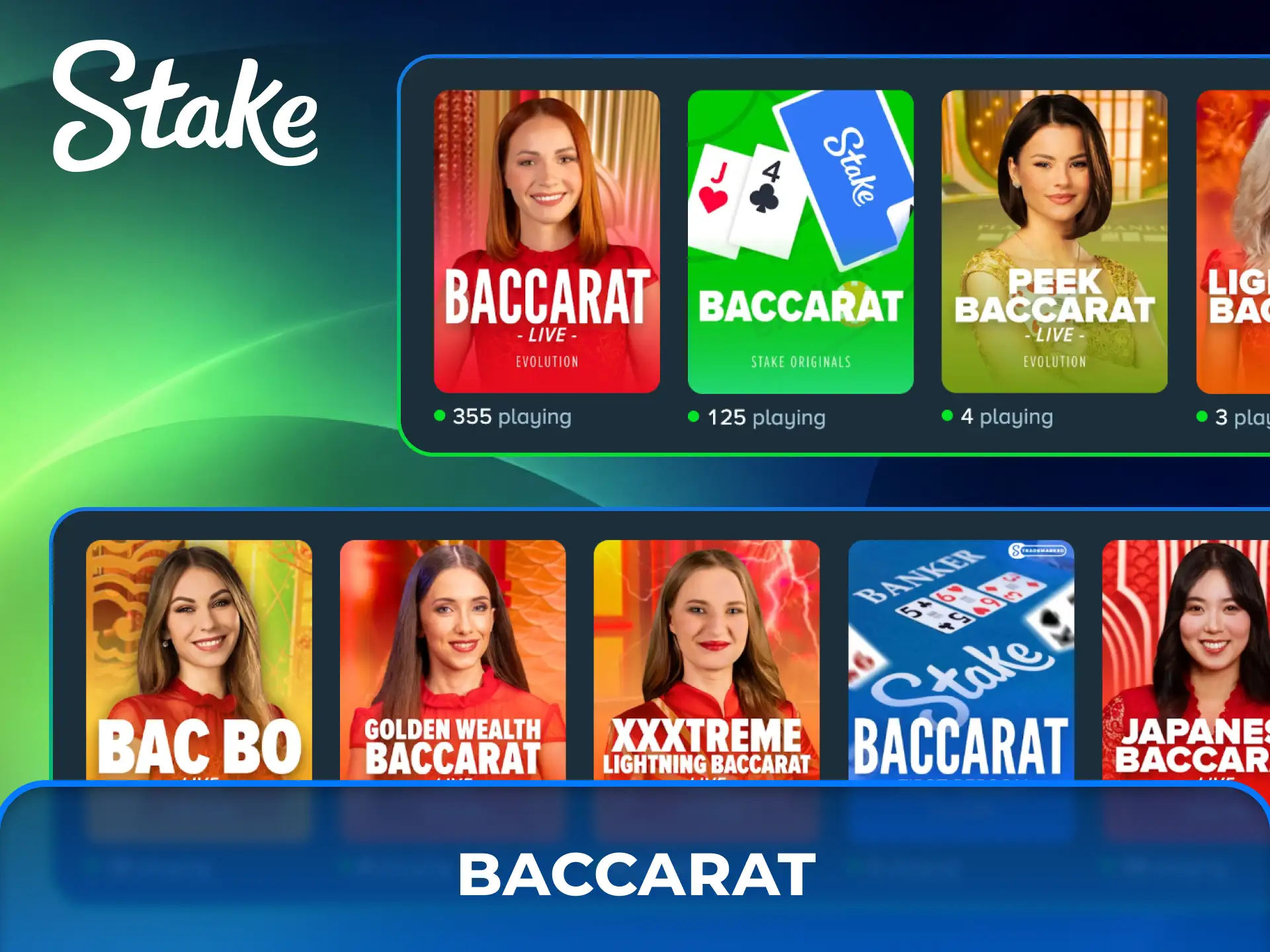 Play classic baccarat card games with live dealers at Stake Casino.