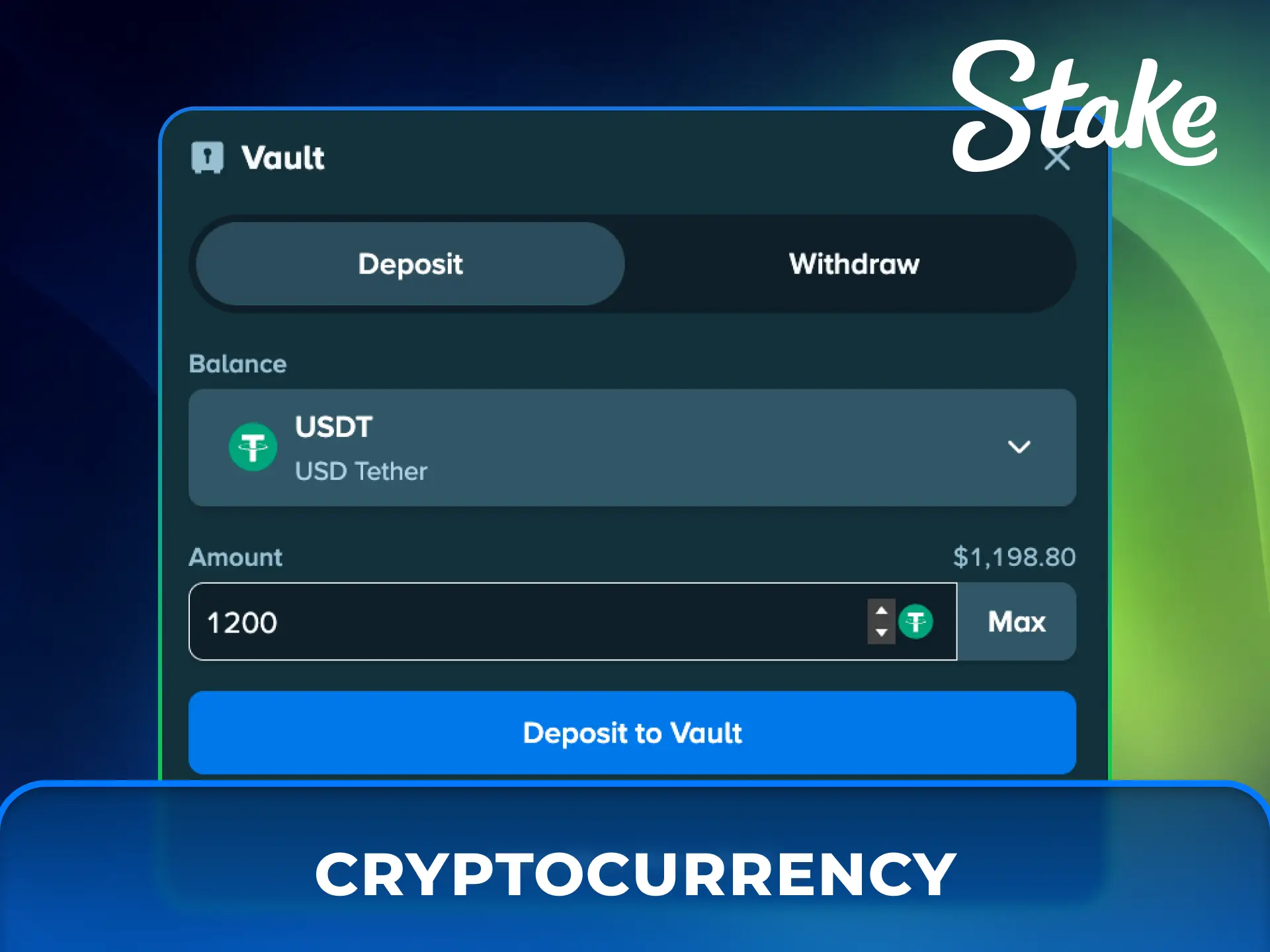 Fund your balance with cryptocurrency securely on Stake Casino India.