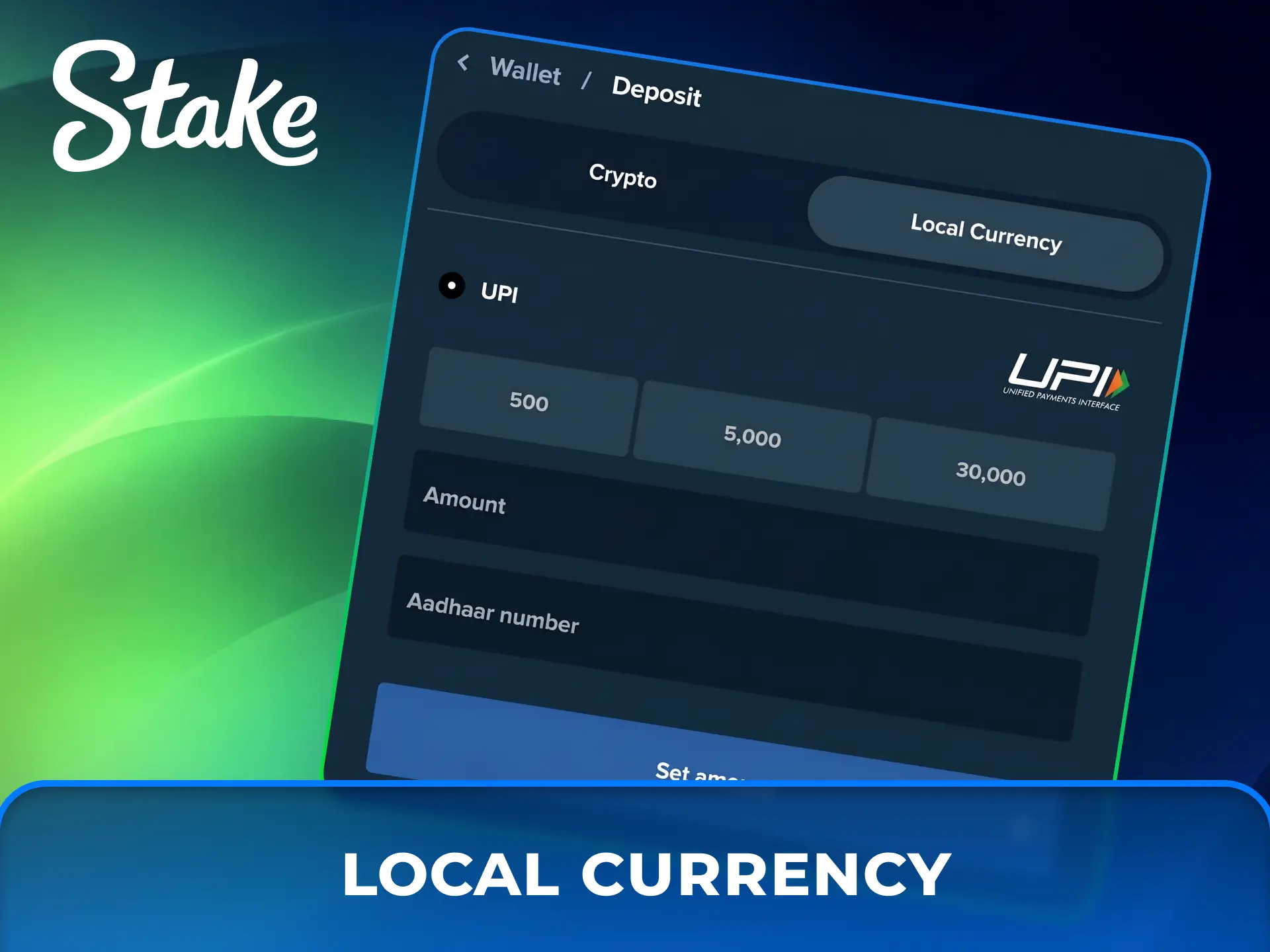 Deposit local currency instantly using convenient payment methods at Stake Casino.
