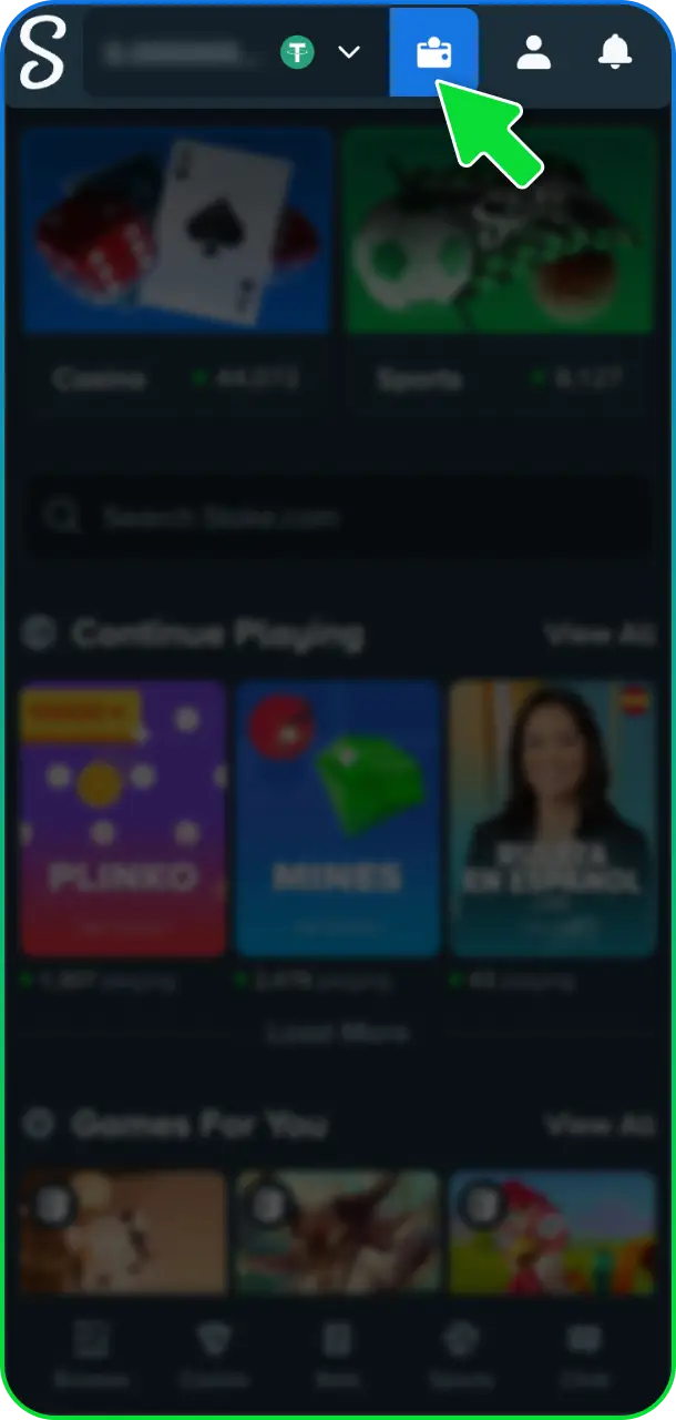 Go to the wallet section in your Stake Casino account profile.